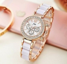  White & Gold Chronograph Style Ladies Wrist Watches Women Crystals Bling Watch
