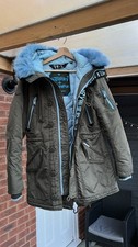 Superdry SD-L Parka Women Olive Blue Faux Fur Warm Winter Coat L 