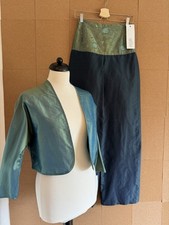 Silk Wide Leg Trousers Size 8 Jacket Teal Blue Embroidered Occasion Outfit New 