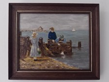 Vintage small oil painting Figures Seascape signed framed