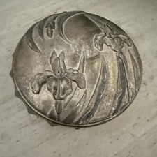 Vintage Art Nouveau Glass Powder Jar with Relief Lily silver Plated Puff Mirror