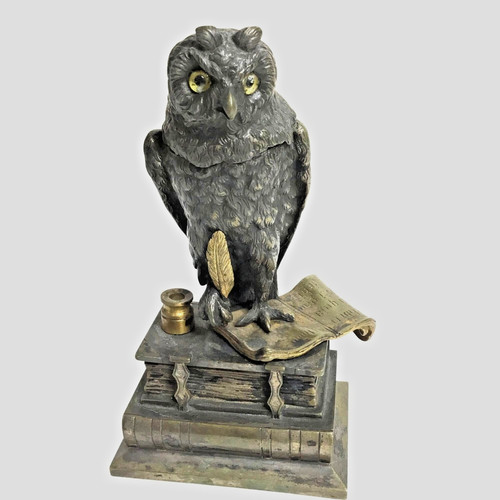 Antique bronze owl inkwell - antique,