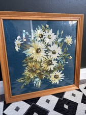 Vintage Floral Tapestry Framed Yellow Blue Still Life Country Cottage