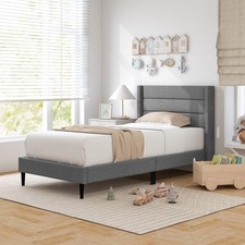 Modern Slatted Bed Single Bed Frame with Wingback Headboard-Grey
