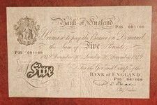 BANK OF ENGLAND Beale 1952 WHITE FIVE POUND BANK NOTE N55
