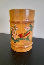 Vintage Chinese Bamboo Brush/Pen Holder Pot Hand Painted Bird & Cherry Blossom 