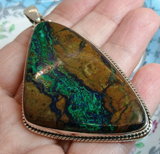 Vintage Large Heavy Azurite Malachite 925 Sterling Silver Pendant 26g
