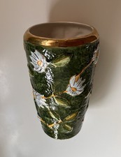 Green Floral Majolica Style Vase from Portugal