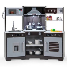 COSTWAY Kids Pretend Play Kitchen Wooden Toy Set w/Range Hood-Brown