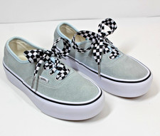Vans Authentic Platform Women Light Blue-Grey Suede Shoes Checkerboard Laces UK4