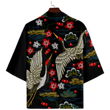 Men Japanese Kimono Baggy Yukata Bathrobe Cardigan Crane Tops Outwear Summer Tee