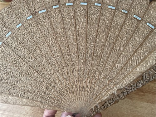 Chinese hand carved wooden fan - wooden,