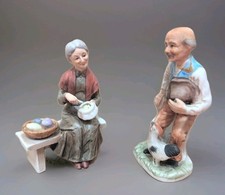 Vintage Rustic Old Man & Lady Ceramic Figurines Matte Ornaments H. C. F. London