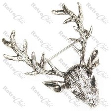 2"LARGE vintage silver STAG fashion BROOCH pin BIG ANTLERS deer ELK head ANIMAL