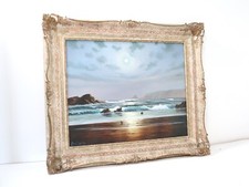 Original oil on canvas Pembrokeshire coastline by moonlight - Peter Cosslett