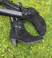 Gabor Black Suede Leather Ankle Boots Size UK 7 EU 41 Zip Flower Applique 