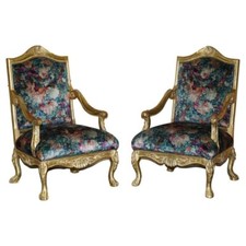 PAIR OF ANTIQUE ORIGINAL GILTWOOD FRAMED FRENCH LOUIS XV FAUTEUILS ARMCHAIRS