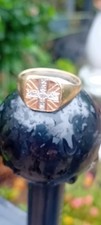 Natural Diamond Union Jack Signet Ring Solid 9ct 375 Gold Size V 1/2 3.71g UK