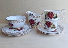 Vintage Tea Set For Couple with Red Rose Motif and Gold Trim