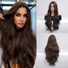 Soft Heat Resistant Synthetic Hair Costume Wigs Natural Dark brown Long Wavy