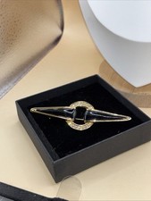 Vintage Art Deco Style Brooch Black Enamel with Rhinestone Gold Tone Lapel Pin