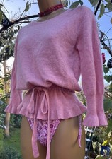Brora Women's Jumper UK 12 Pink 100% Cashmere drawstring waist frilled  Pullover