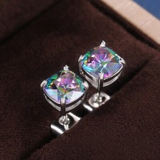 Rainbow Square Crystal  Earrings Stud 925 Sterling Silver Women Girls Jewelry UK