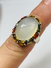 Silver,grey moonstone and tourmalines(?) ring UK size L 