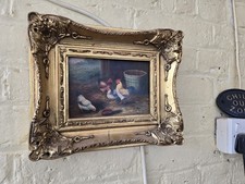 Vintage G ROY Oil on Board Painting Chickens 