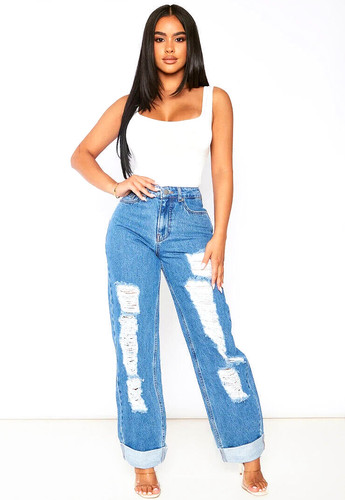 Ripped denim jeans high - denim,