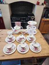 Royal Albert PRAIRIE ROSE tea set with teapot and three tier cake stand