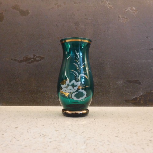 Vase green glass hand painted - vase,