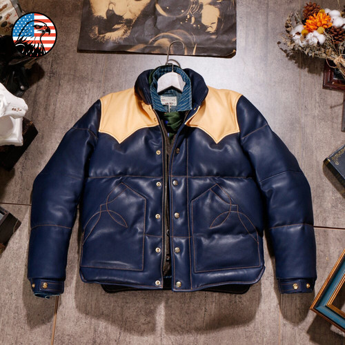 Men blue puffer jacket real - men's,