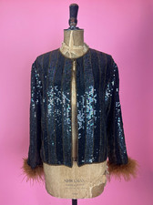 Vintage 70's Black Gold Long Sleeve Sequin Beaded Evening Jacket Brown Marabou