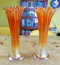 Vintage Pair of Carnival Glass, 10.75'' Art Nouveau Marigold Iridescent Vases