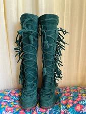 Bertie Green Suede Fringed Tasselled Moccasin Boots Native American UK 4 / EU 37