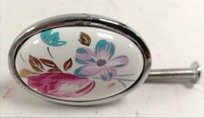 Set of 10 Oval Floral Ceramic Chrome Drawer Knobs Handles Cupboard Pulls 1.5"x1"