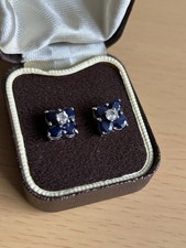 Vintage 925 Silver Blue & White Sapphire Square Stud Earrings
