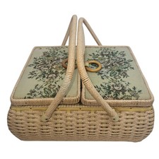 Sewing Box Wicker Contents Bundle Cotton Buttons Pins Needles Elastic 12"x7"