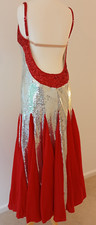 RED BALLROOM LATIN DANCE DRESS COSTUME SILVER SEQUINS FLOATY LONG SKIRT STAGE