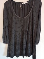 Fat Face Size 12 Black-phantom Tunic Top Scoop Neck Pleated Front Lace Pattern