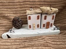 2 Handmade White Houses And Tree On A Driftwood Base.