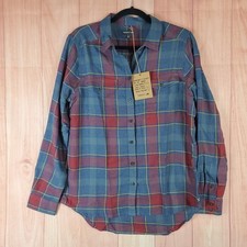 Toad&Co Re Form Flannel Shirt Womens Medium Blue Plaid Cotton Pleated Button Up