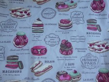 2 HUGE MTM LINED EYELET CURTAINS "PATISSERIE" LINEN with PRINTED FRENCH PASTRIES