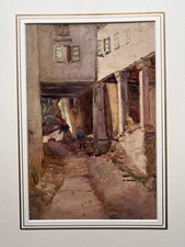 St Ives School, Street Scene with Figures Watercolour c.1890 Unsigned