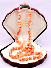 VINTAGE PINK CORAL KNOTTED NECKLACE/SILVER AND CORAL CLASP,  BOXED