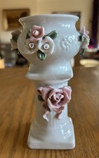 Vintage White column Vase With Floral Rose Details