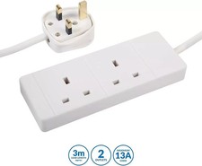 2 Way Mains Extension Lead Gang Double Socket Power 3M Cable White UK