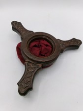 Vintage Carved Wooden Church Collection Bag with Red Velvet Pouch