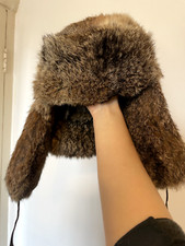 Vintage Real Rabbit Fur Ushanka Trapper Hat Earflap Ski Cap Russian Winter Warm